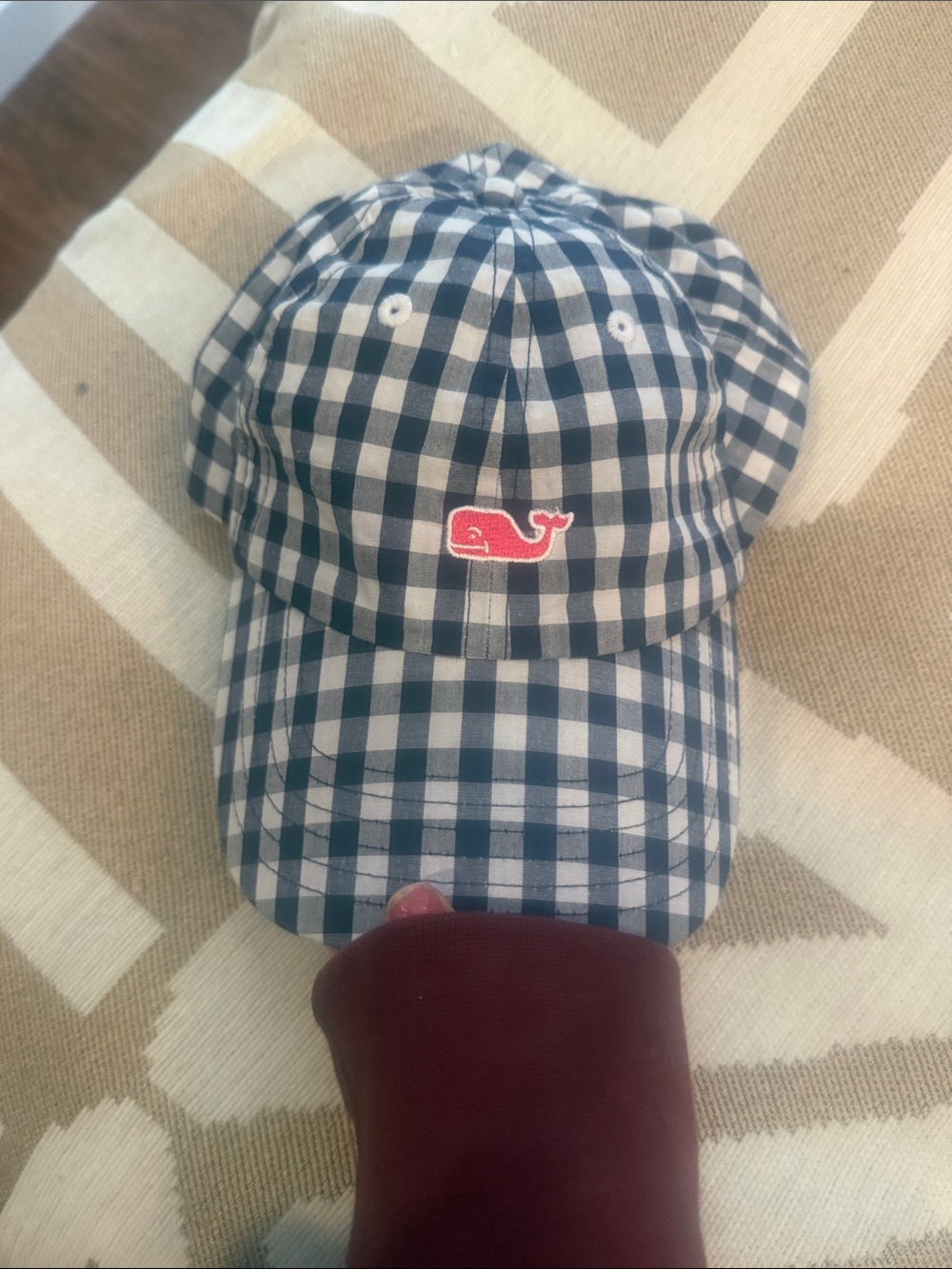 Vineyard Vines Navy & White Gingham Whale Cap with Red Logo